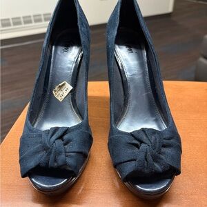 Elegant Black Peep-Toe Heels with Satin Bow